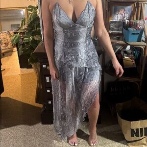 Amiri Gray Snake Print Asymmetrical Dress